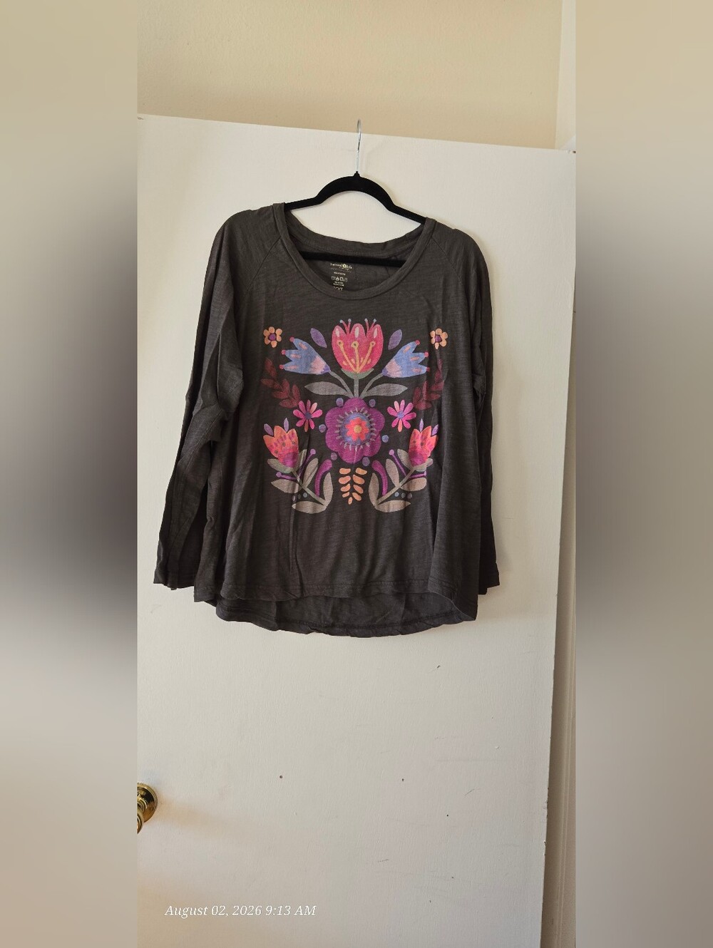 NATURAL LIFE Olive Green Long-Sleeve Tee with Pink & Purple Floral Print